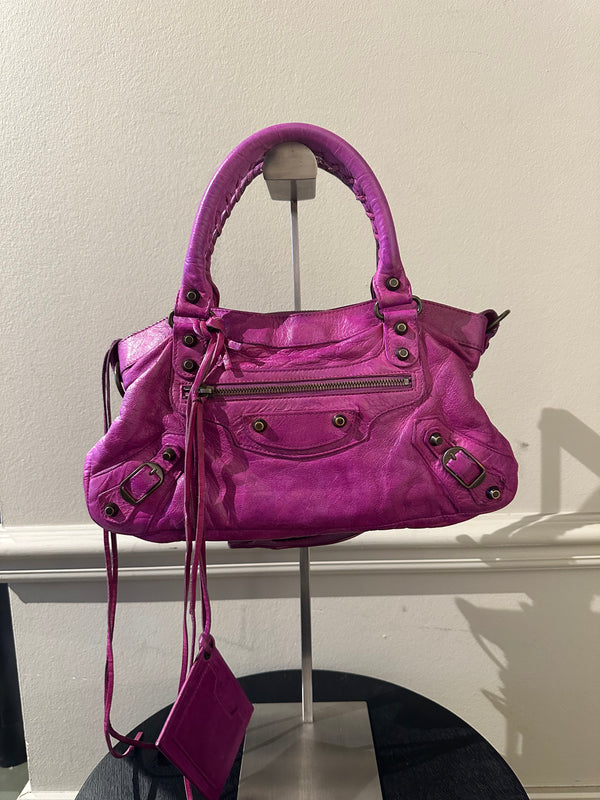Balenciaga Small City First Bag Purple Pink Edition Shoulder Bag Limited Edition Motorcycle Moto Details Tassels