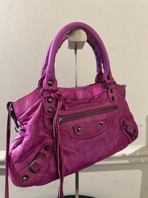 Balenciaga Small City First Bag Purple Pink Edition Shoulder Bag Limited Edition Motorcycle Moto Details Tassels