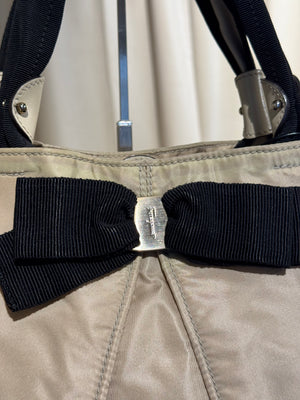 Salvatore Ferragamo Vintage Beige Nylon Tote Bag with Black Grosgrain Bow Detail