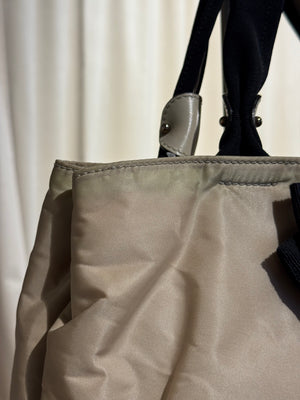 Salvatore Ferragamo Vintage Beige Nylon Tote Bag with Black Grosgrain Bow Detail