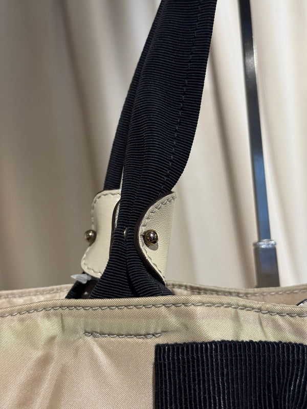 Salvatore Ferragamo Vintage Beige Nylon Tote Bag with Black Grosgrain Bow Detail