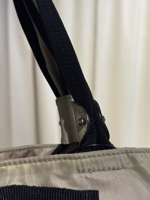 Salvatore Ferragamo Vintage Beige Nylon Tote Bag with Black Grosgrain Bow Detail