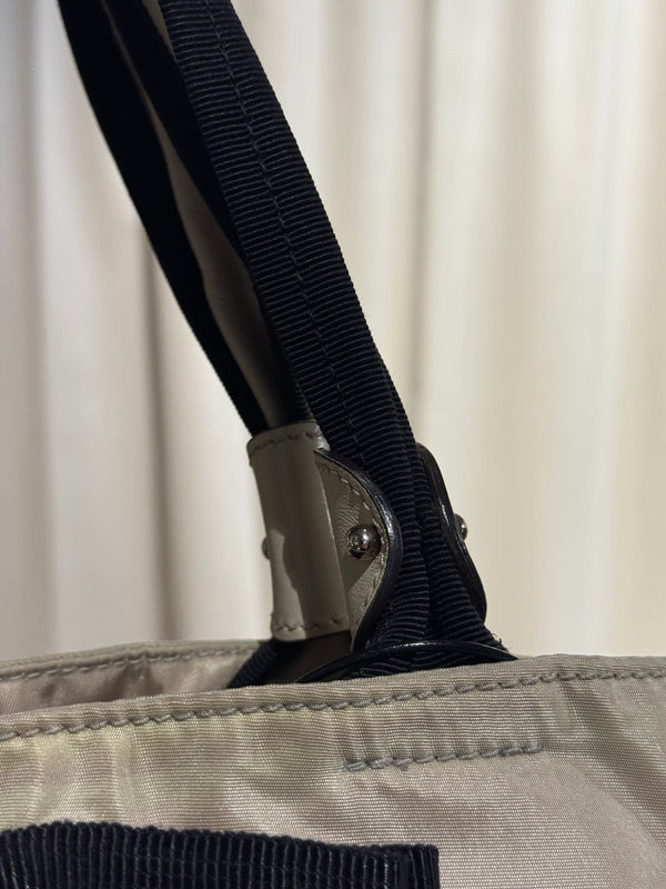Salvatore Ferragamo Vintage Beige Nylon Tote Bag with Black Grosgrain Bow Detail