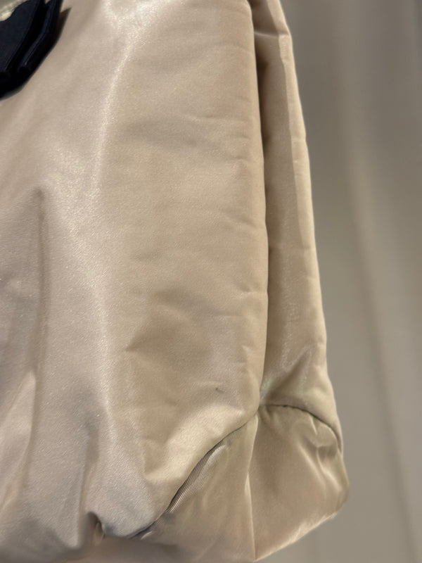 Salvatore Ferragamo Vintage Beige Nylon Tote Bag with Black Grosgrain Bow Detail