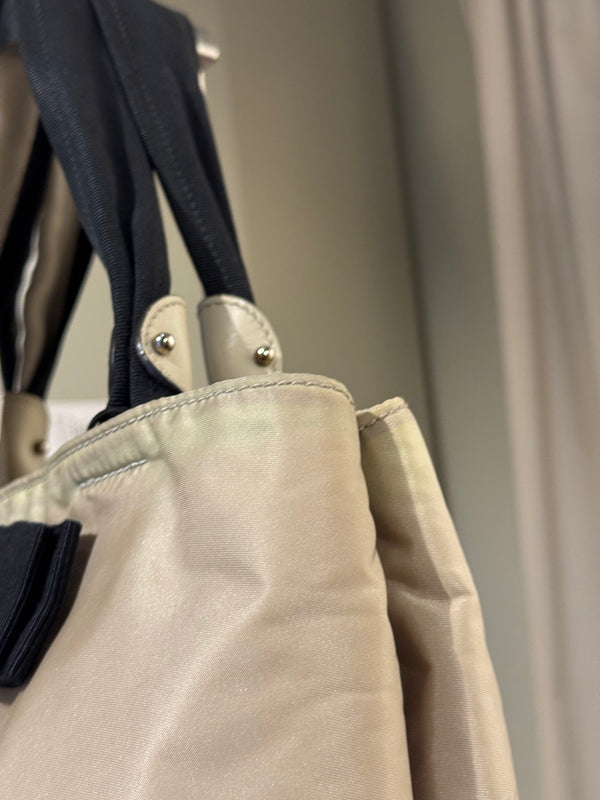 Salvatore Ferragamo Vintage Beige Nylon Tote Bag with Black Grosgrain Bow Detail