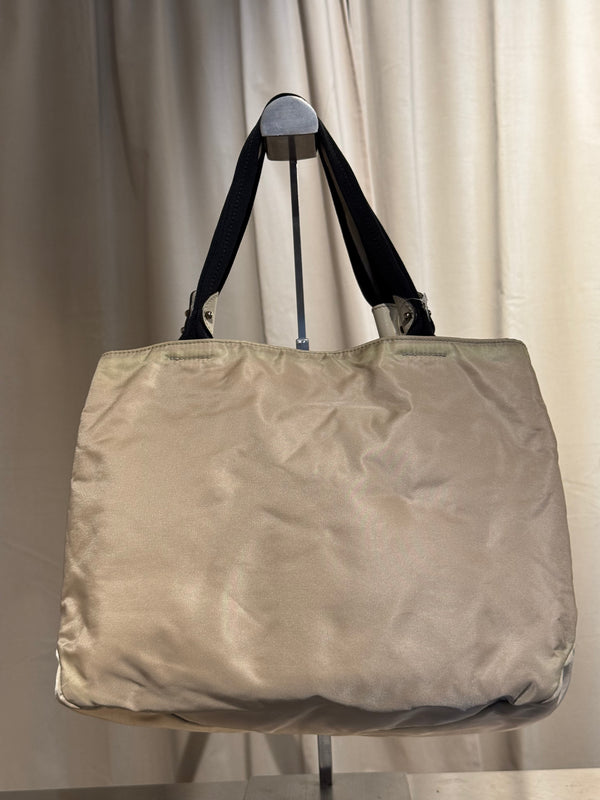 Salvatore Ferragamo Vintage Beige Nylon Tote Bag with Black Grosgrain Bow Detail