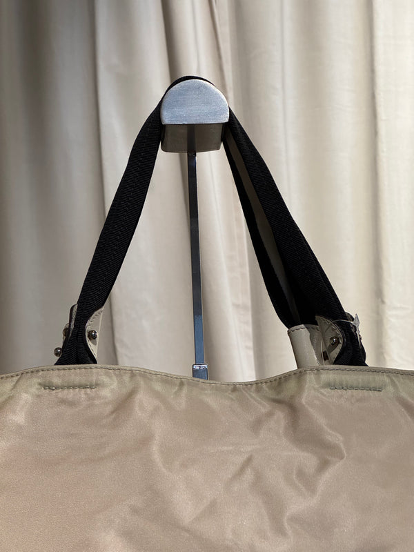 Salvatore Ferragamo Vintage Beige Nylon Tote Bag with Black Grosgrain Bow Detail