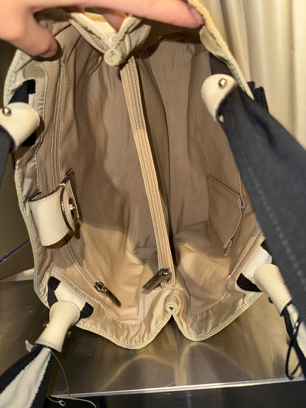 Salvatore Ferragamo Vintage Beige Nylon Tote Bag with Black Grosgrain Bow Detail
