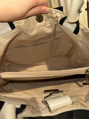 Salvatore Ferragamo Vintage Beige Nylon Tote Bag with Black Grosgrain Bow Detail