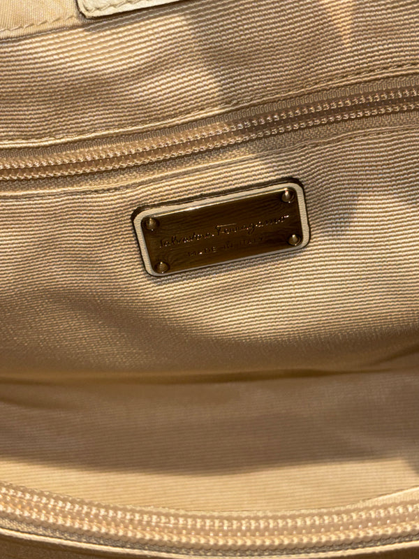 Salvatore Ferragamo Vintage Beige Nylon Tote Bag with Black Grosgrain Bow Detail
