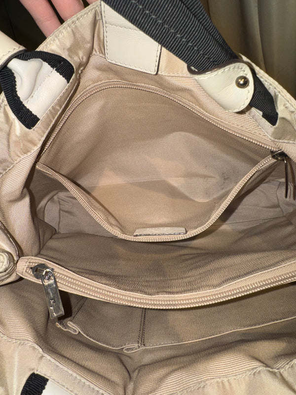 Salvatore Ferragamo Vintage Beige Nylon Tote Bag with Black Grosgrain Bow Detail