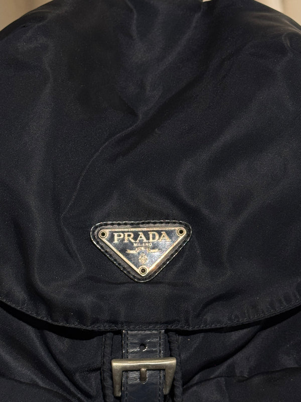 Prada Vintage Black Tessuto Nylon Backpack with Triangle Logo and Front Buckle Pockets