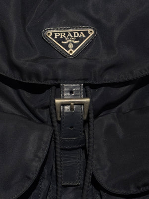Prada Vintage Black Tessuto Nylon Backpack with Triangle Logo and Front Buckle Pockets
