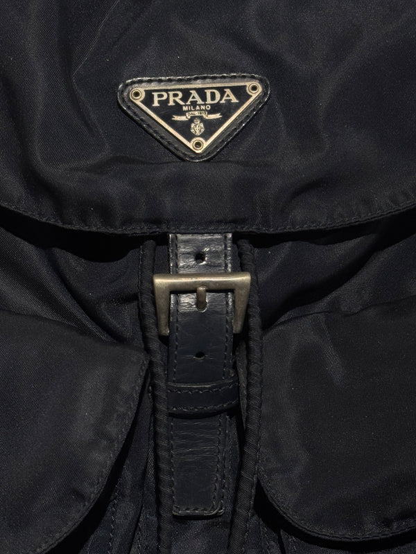 Prada Vintage Black Tessuto Nylon Backpack with Triangle Logo and Front Buckle Pockets