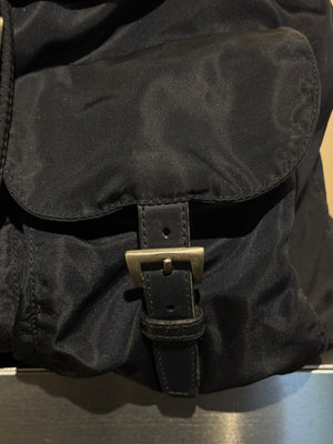 Prada Vintage Black Tessuto Nylon Backpack with Triangle Logo and Front Buckle Pockets