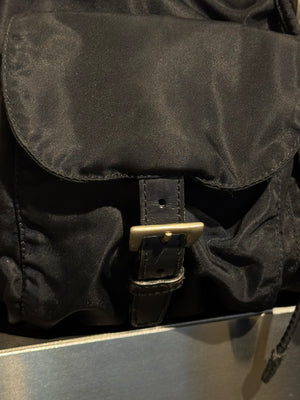 Prada Vintage Black Tessuto Nylon Backpack with Triangle Logo and Front Buckle Pockets