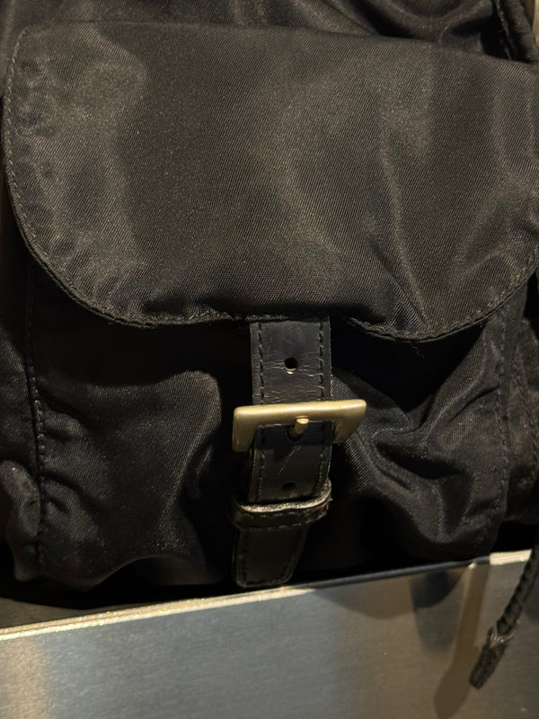Prada Vintage Black Tessuto Nylon Backpack with Triangle Logo and Front Buckle Pockets