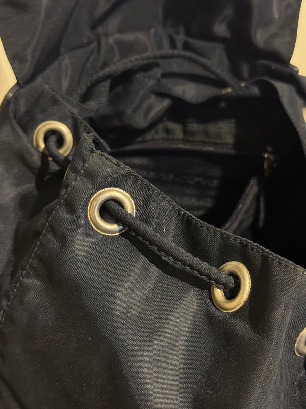 Prada Vintage Black Tessuto Nylon Backpack with Triangle Logo and Front Buckle Pockets