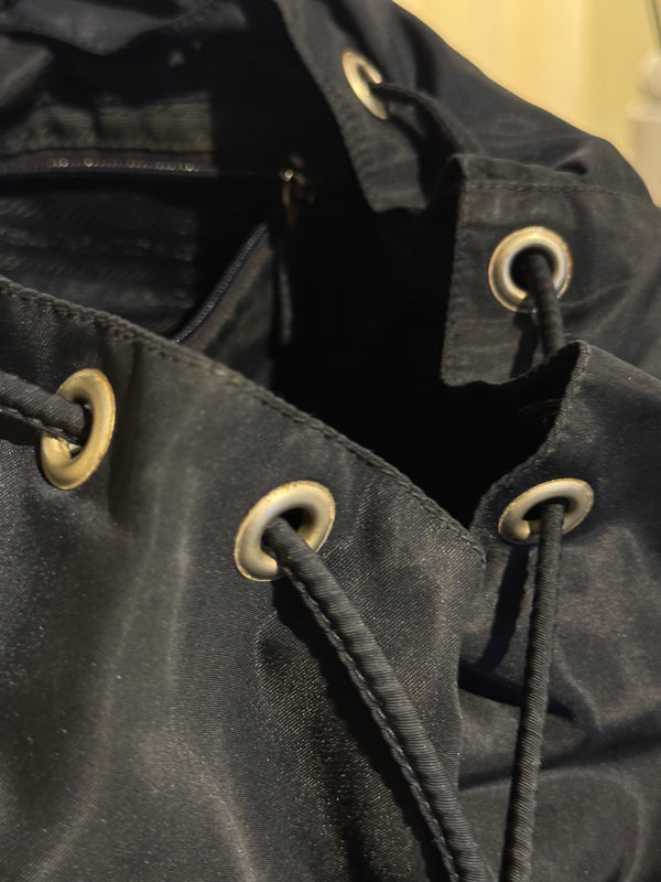 Prada Vintage Black Tessuto Nylon Backpack with Triangle Logo and Front Buckle Pockets