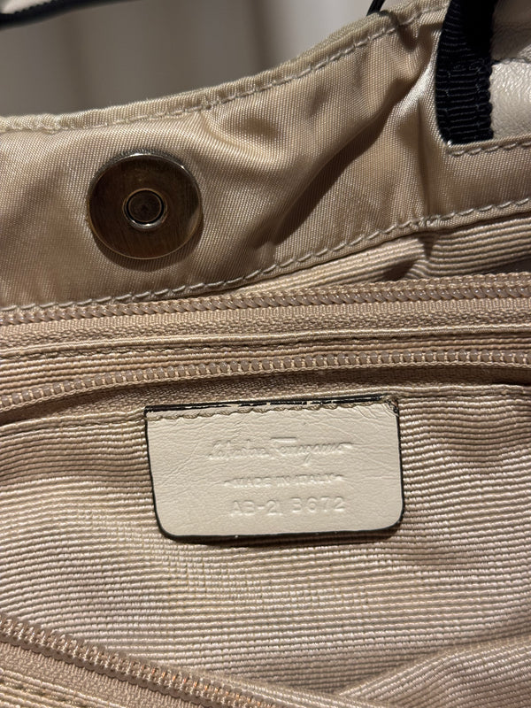 Salvatore Ferragamo Vintage Beige Nylon Tote Bag with Black Grosgrain Bow Detail