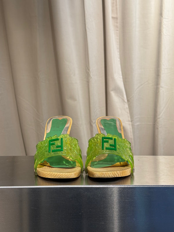 Fendi Vintage Green Jelly Logo Heeled Mules Transparent Resin FF Monogram Embossed Strap Wooden Effect Sole Designer Shoes Size 38