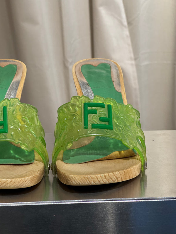 Fendi Vintage Green Jelly Logo Heeled Mules Transparent Resin FF Monogram Embossed Strap Wooden Effect Sole Designer Shoes Size 38