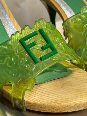 Fendi Vintage Green Jelly Logo Heeled Mules Transparent Resin FF Monogram Embossed Strap Wooden Effect Sole Designer Shoes Size 38