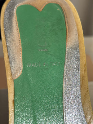 Fendi Vintage Green Jelly Logo Heeled Mules Transparent Resin FF Monogram Embossed Strap Wooden Effect Sole Designer Shoes Size 38