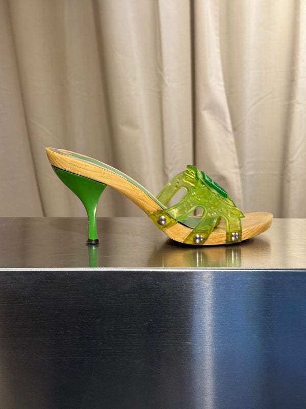 Fendi Vintage Green Jelly Logo Heeled Mules Transparent Resin FF Monogram Embossed Strap Wooden Effect Sole Designer Shoes Size 38