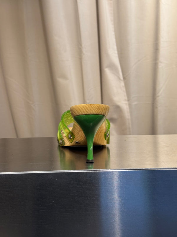Fendi Vintage Green Jelly Logo Heeled Mules Transparent Resin FF Monogram Embossed Strap Wooden Effect Sole Designer Shoes Size 38