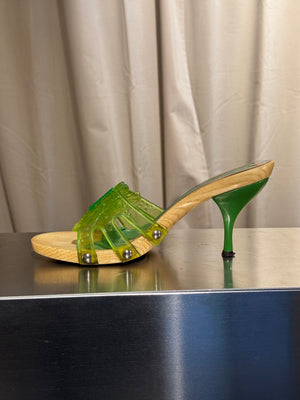 Fendi Vintage Green Jelly Logo Heeled Mules Transparent Resin FF Monogram Embossed Strap Wooden Effect Sole Designer Shoes Size 38