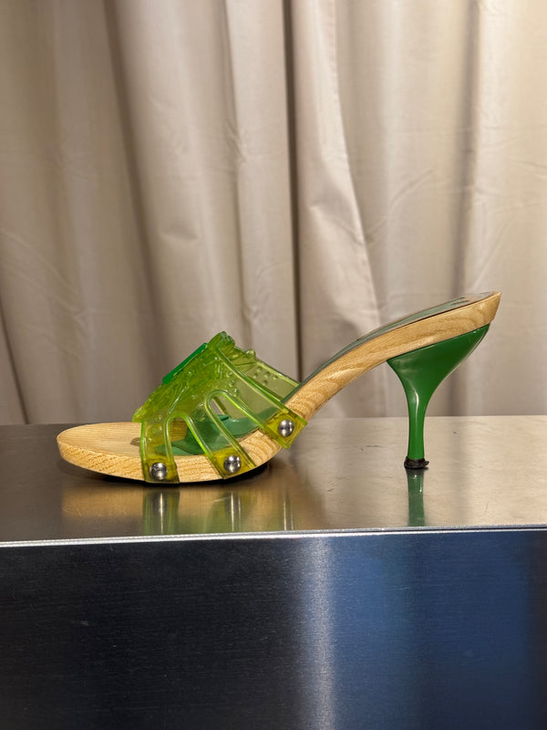 Fendi Vintage Green Jelly Logo Heeled Mules Transparent Resin FF Monogram Embossed Strap Wooden Effect Sole Designer Shoes Size 38