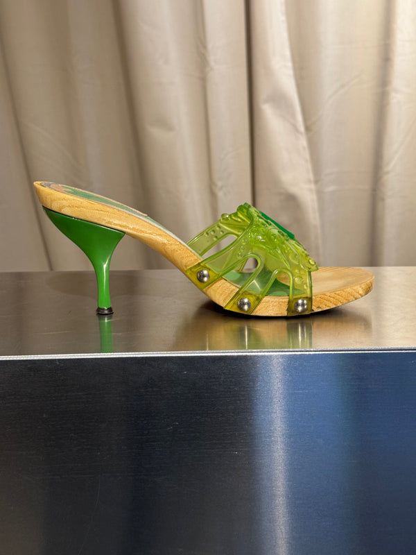 Fendi Vintage Green Jelly Logo Heeled Mules Transparent Resin FF Monogram Embossed Strap Wooden Effect Sole Designer Shoes Size 38