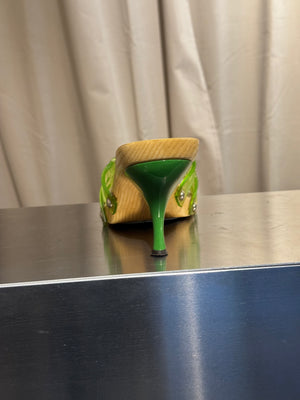 Fendi Vintage Green Jelly Logo Heeled Mules Transparent Resin FF Monogram Embossed Strap Wooden Effect Sole Designer Shoes Size 38