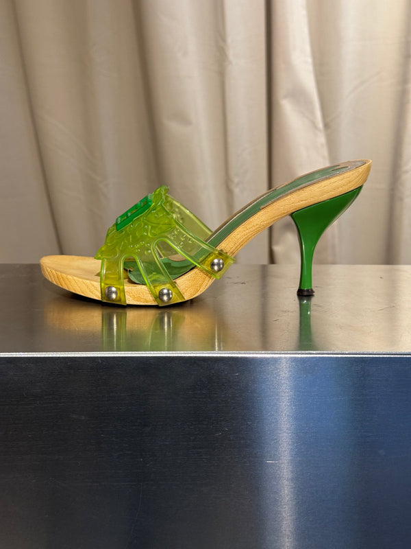 Fendi Vintage Green Jelly Logo Heeled Mules Transparent Resin FF Monogram Embossed Strap Wooden Effect Sole Designer Shoes Size 38