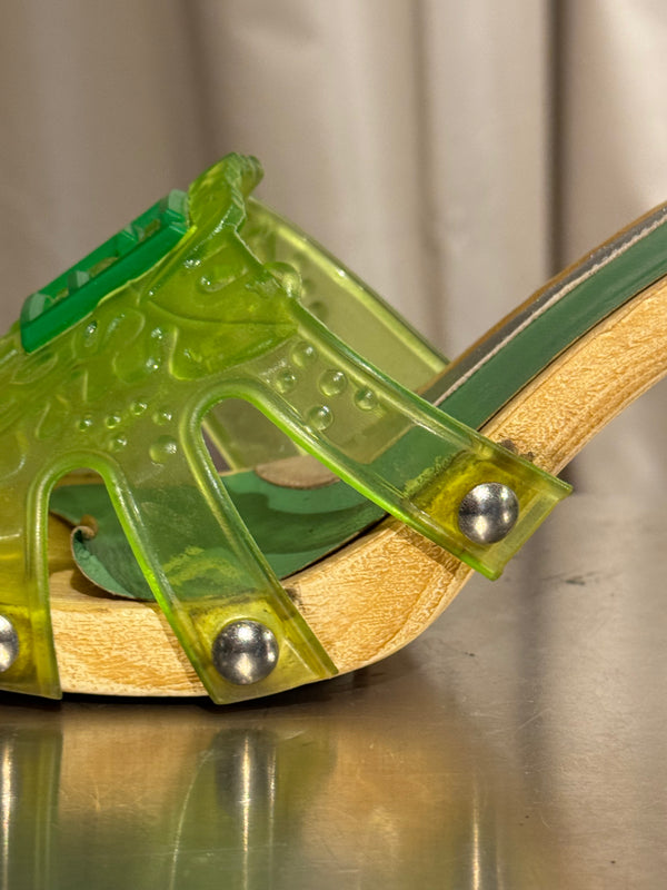 Fendi Vintage Green Jelly Logo Heeled Mules Transparent Resin FF Monogram Embossed Strap Wooden Effect Sole Designer Shoes Size 38