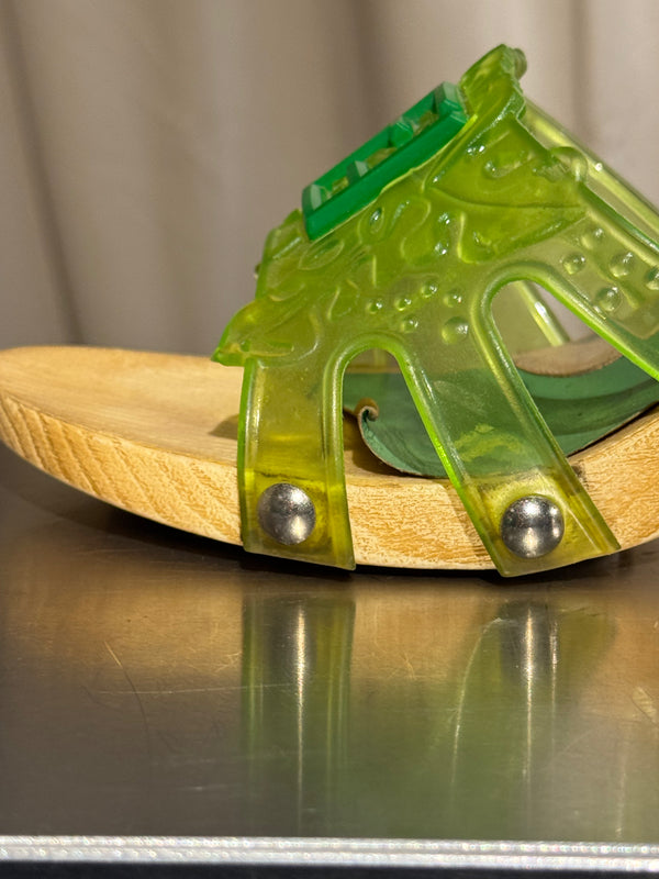 Fendi Vintage Green Jelly Logo Heeled Mules Transparent Resin FF Monogram Embossed Strap Wooden Effect Sole Designer Shoes Size 38