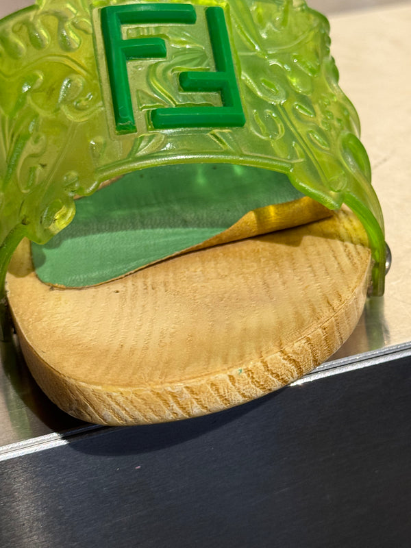 Fendi Vintage Green Jelly Logo Heeled Mules Transparent Resin FF Monogram Embossed Strap Wooden Effect Sole Designer Shoes Size 38