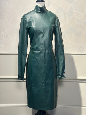 Maison Margiela Khaki Dark Green Leather Backless High Neck Long Sleeve IT40 Midi Dress Sexy 90s