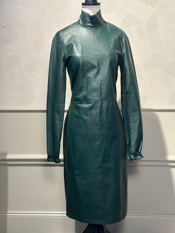 Maison Margiela Khaki Dark Green Leather Backless High Neck Long Sleeve IT40 Midi Dress Sexy 90s