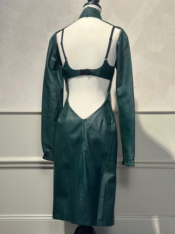 Maison Margiela Khaki Dark Green Leather Backless High Neck Long Sleeve IT40 Midi Dress Sexy 90s