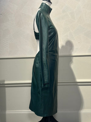 Maison Margiela Khaki Dark Green Leather Backless High Neck Long Sleeve IT40 Midi Dress Sexy 90s