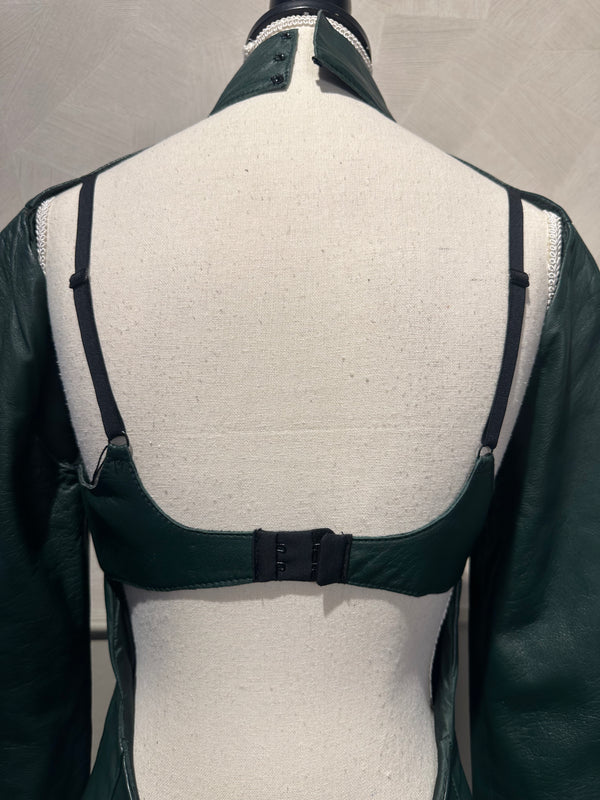 Maison Margiela Khaki Dark Green Leather Backless High Neck Long Sleeve IT40 Midi Dress Sexy 90s