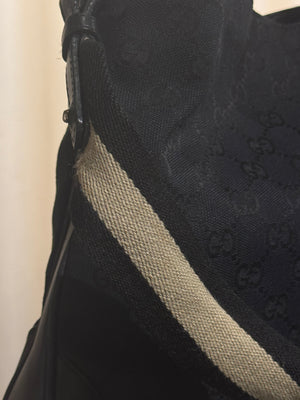 Gucci Vintage Bamboo 2 Way Shoulder Bag Black GG Monogram Canvas Leather Trim Bamboo Handle Top Handle Handbag