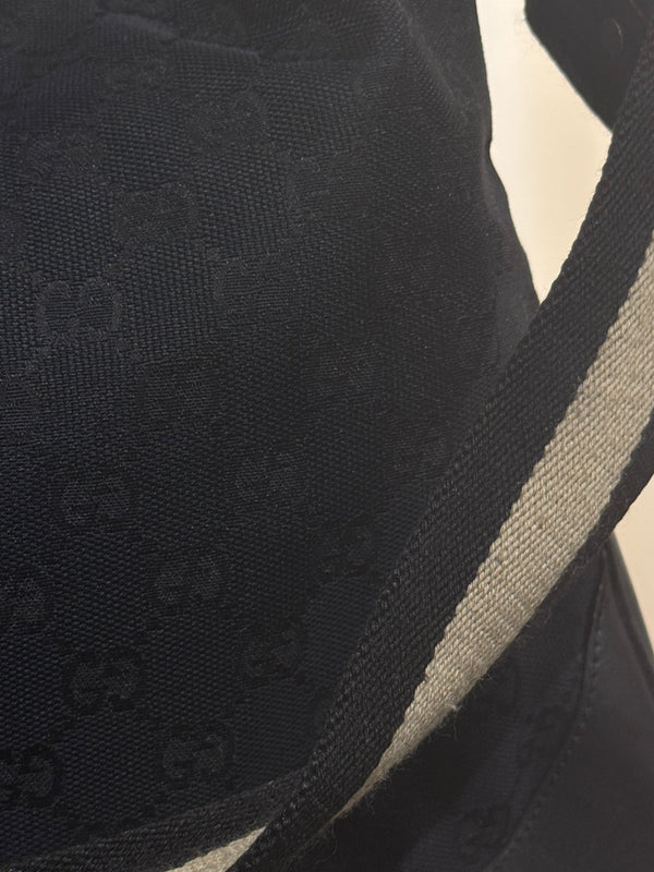 Gucci Vintage Bamboo 2 Way Shoulder Bag Black GG Monogram Canvas Leather Trim Bamboo Handle Top Handle Handbag