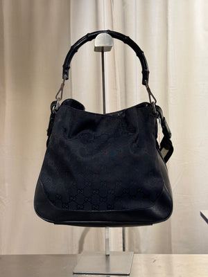 Gucci Vintage Bamboo 2 Way Shoulder Bag Black GG Monogram Canvas Leather Trim Bamboo Handle Top Handle Handbag