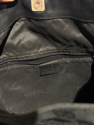 Gucci Vintage Bamboo 2 Way Shoulder Bag Black GG Monogram Canvas Leather Trim Bamboo Handle Top Handle Handbag