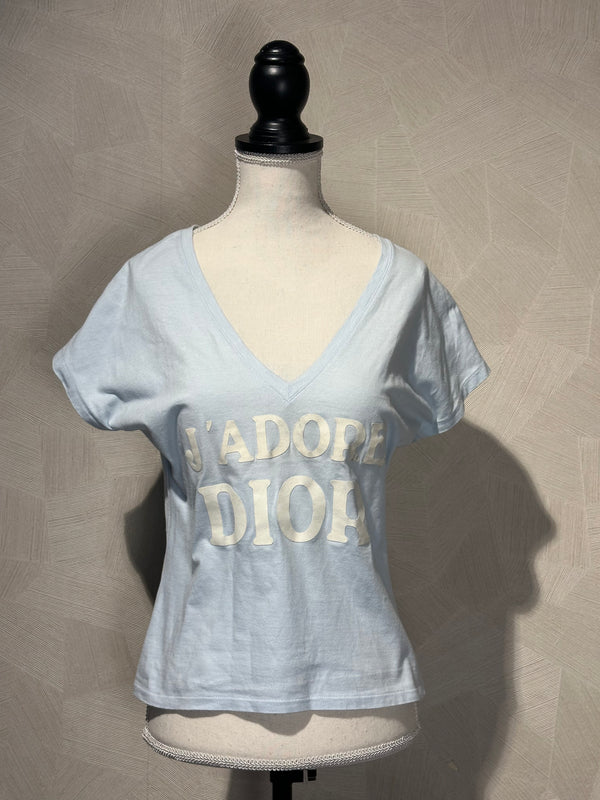 J'Adore Dior V Neck 2000s Galliano Christian Dior Sexy Graphic Tee EU 36 Baby Blue White Text World Champion 1947 Iconic Rare