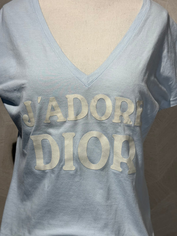 J'Adore Dior V Neck 2000s Galliano Christian Dior Sexy Graphic Tee EU 36 Baby Blue White Text World Champion 1947 Iconic Rare
