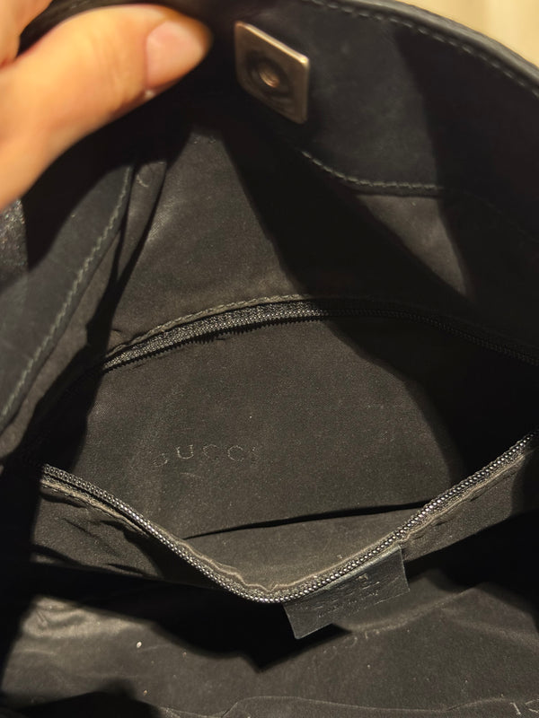 Gucci Vintage Bamboo 2 Way Shoulder Bag Black GG Monogram Canvas Leather Trim Bamboo Handle Top Handle Handbag